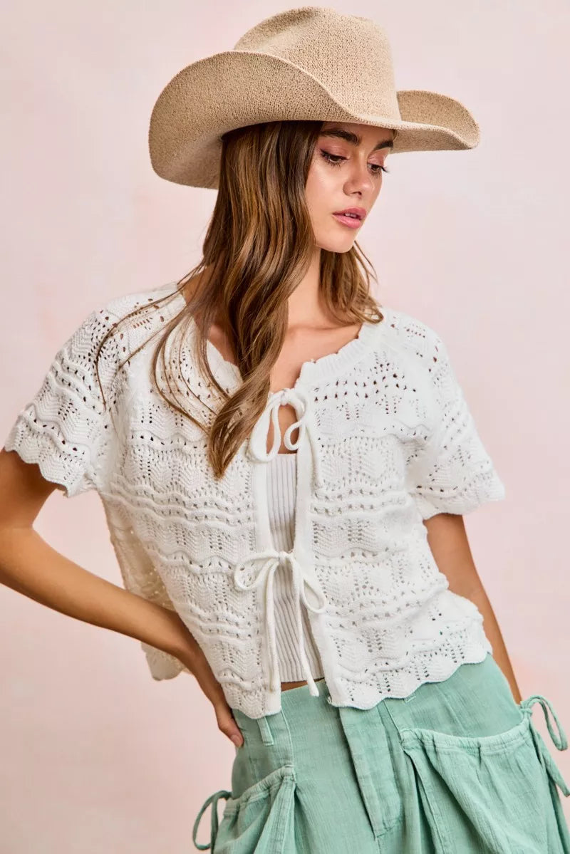BiBi Front Bow Tie Detail Pointelle Knit Top