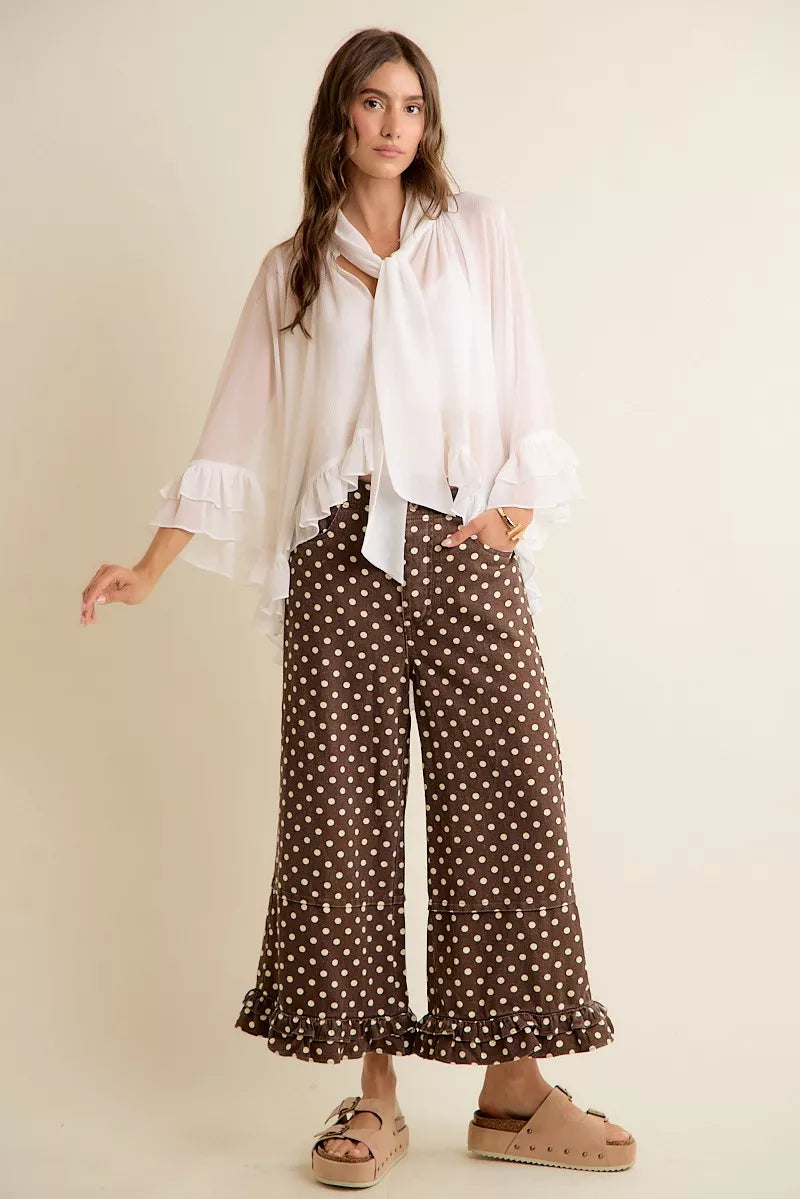 SO ME Sheer Ruffle Bell Sleeves Bow Tie Flowy Blouse Top