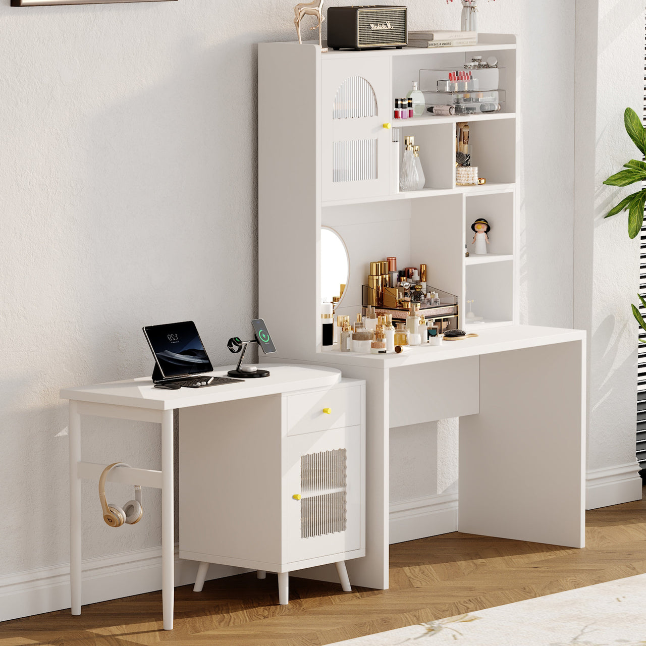 Computer Desk with 90 Degree Rotating Desktop, 43x70 Inch Office Desk with Storage Drawer and Cabinets, Gaming Desk with Shelves, Writing Desk for Study, Work Desk for Home (Old SKU:N733P279101K)