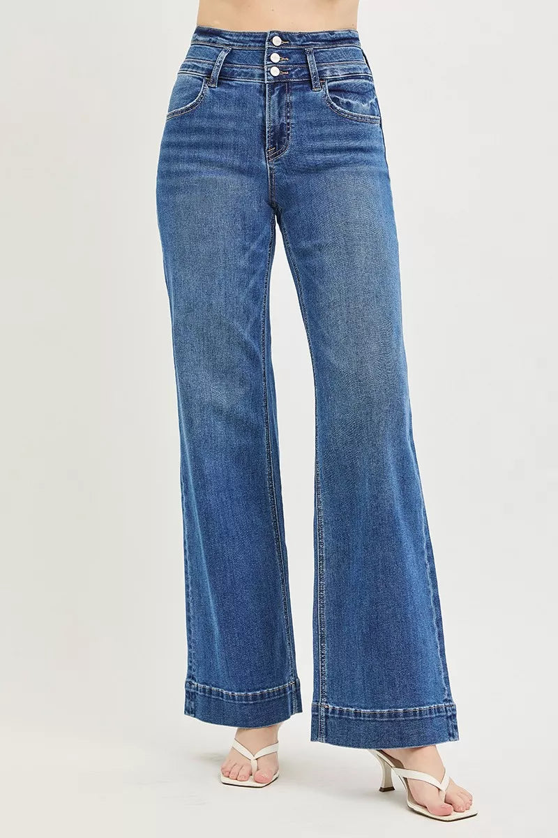 RISEN High Rise Wide Leg Wide Band Detail Jeans