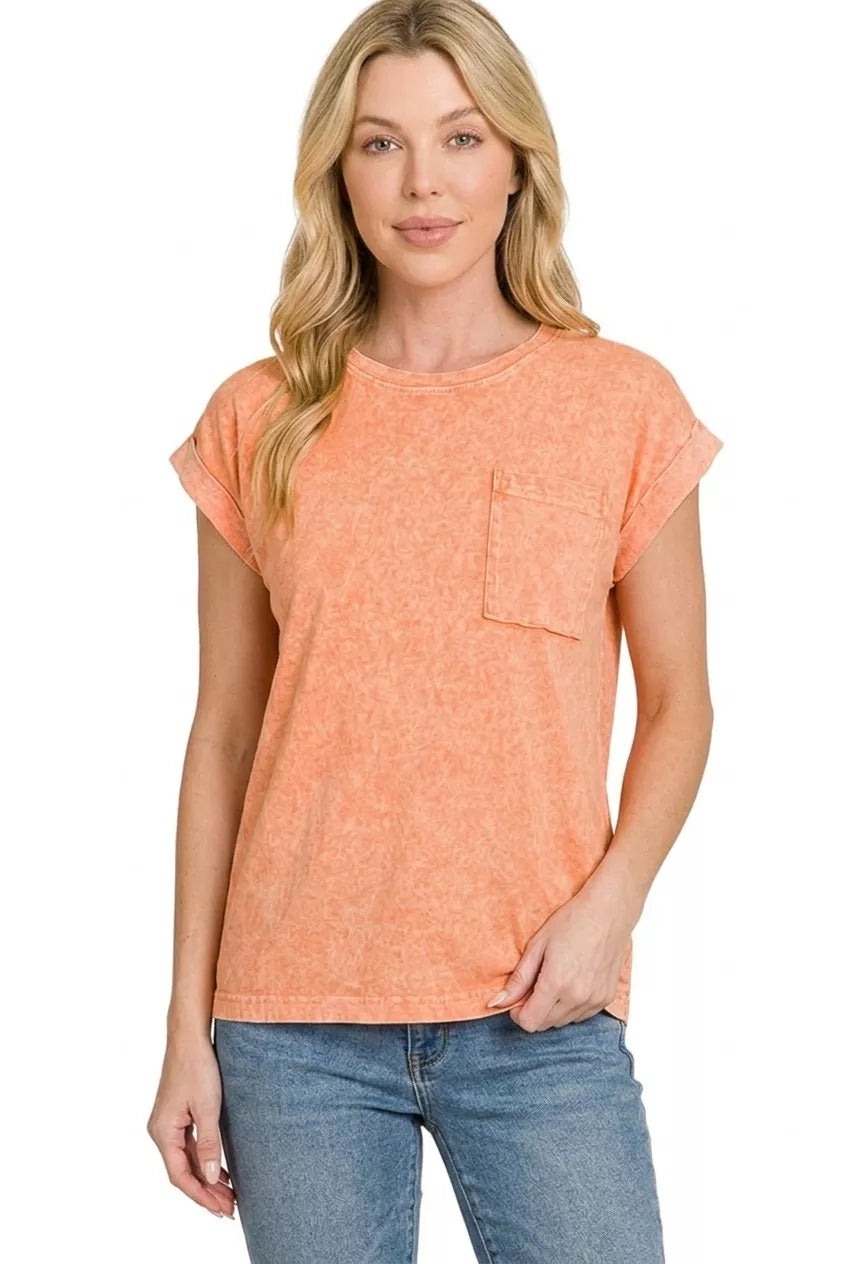 Zenana Halo Snow Washed Cuffed Short Sleeve Tee