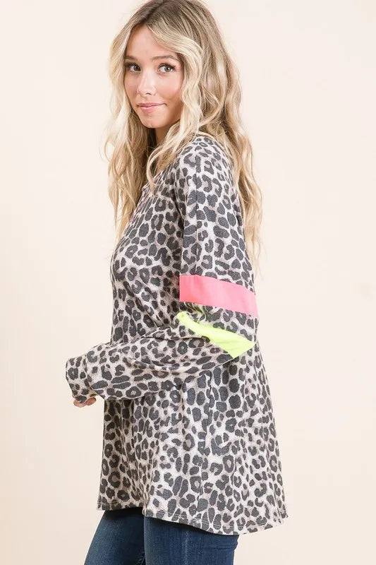 BiBi Leopard Thermal Top with Contrast Color Block