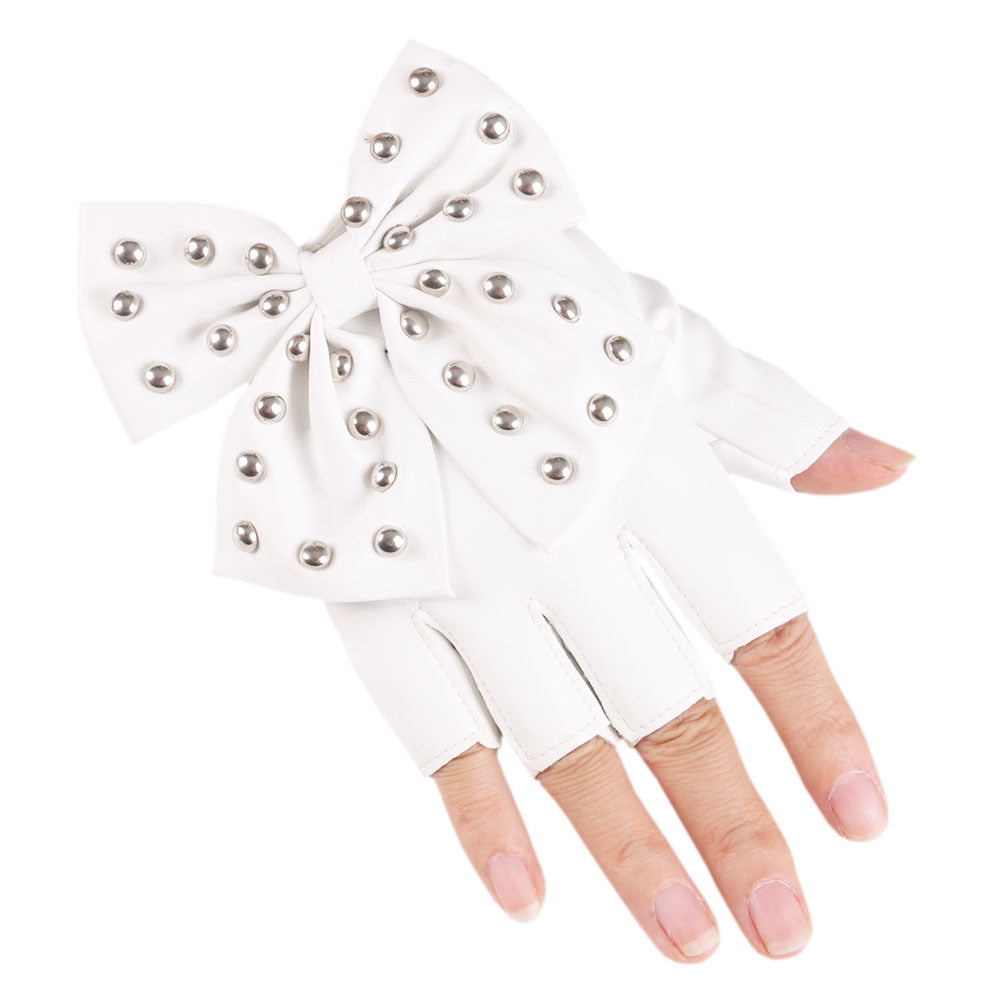 Rivet Bowknot Faux Leather PU Fashion Half Finger Gloves