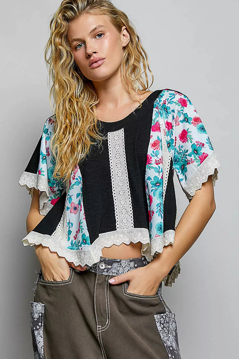 POL Round Neck Ribbed Cropped Top with Lace Detail