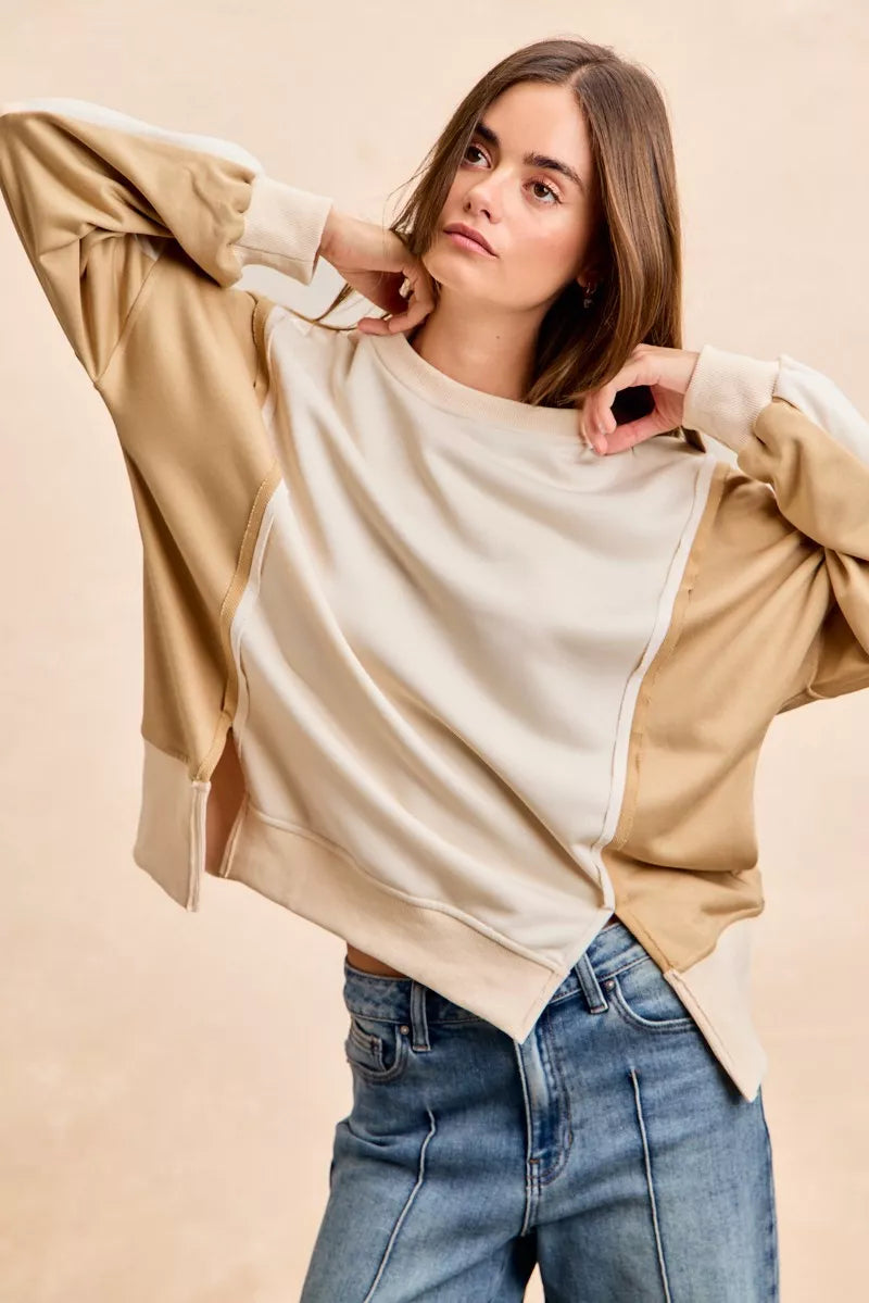 BiBi French Terry Color Block Top With Open Seam Detail