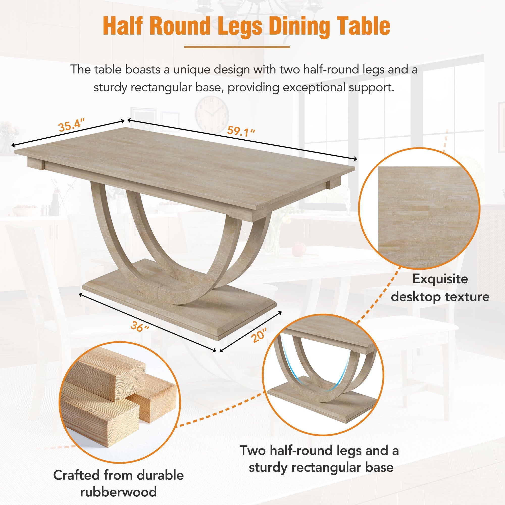 TOPMAX Modern Style Natural Wood 6-Piece Dining Table Set with Bench and Chairs, Upholstered Seats, Rubberwood Frame