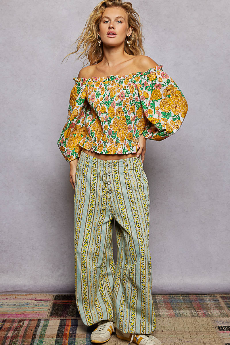 POL Floral Print Off-Shoulder Smocked Blouse