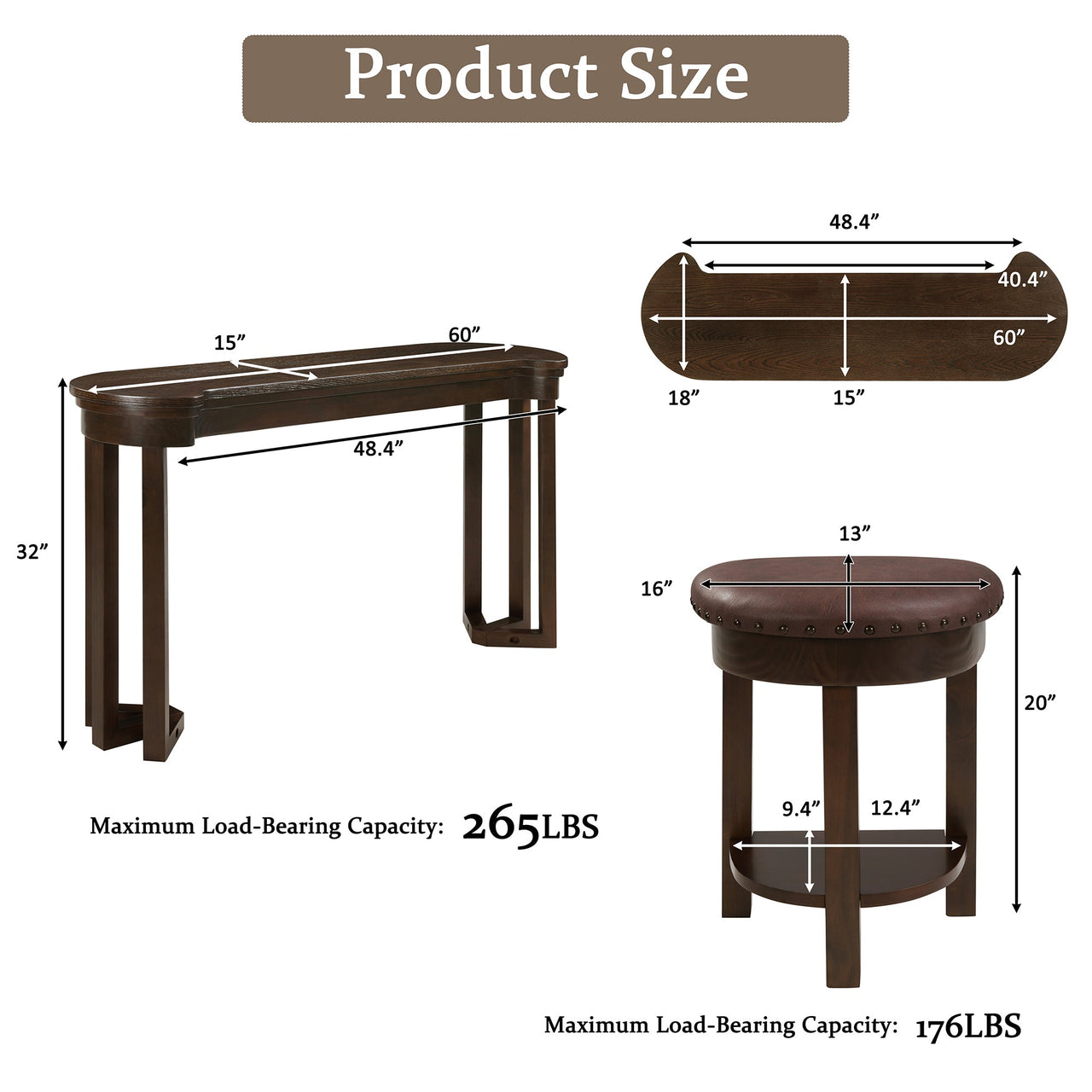 4 Piece Bar Table Set with3 PU Upholstered Bar Stools, Breakfast Table with 3 Padded Stools Solid Wood Counter Height Dining Table Set for Living Room, Dining Room.  Espresso