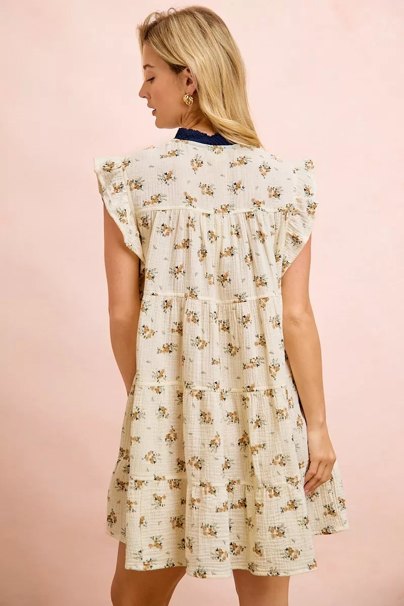 BiBi Floral Multi-tierd Dress With Ruffles And Front Tie