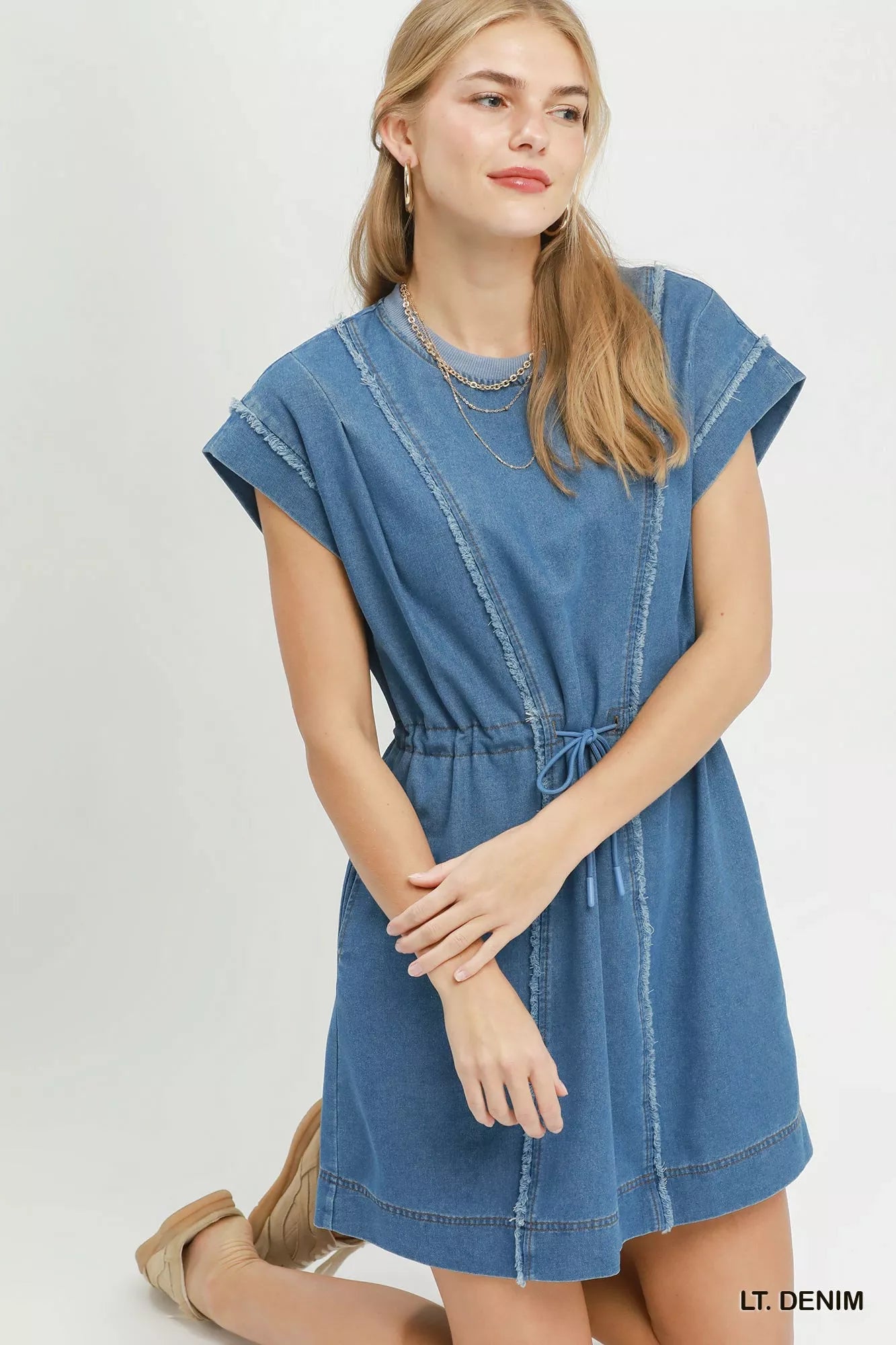 Umgee Drawstring Waist Frayed Denim Mini Dress