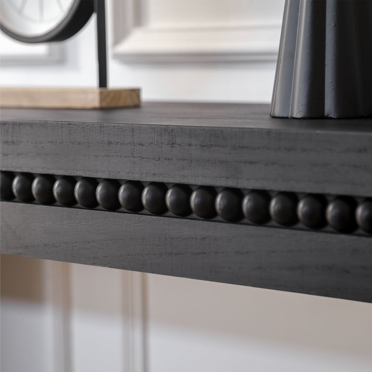 64in Modern Black Wood Console Table – Elegant Entryway Table with Decorative Beaded Trim