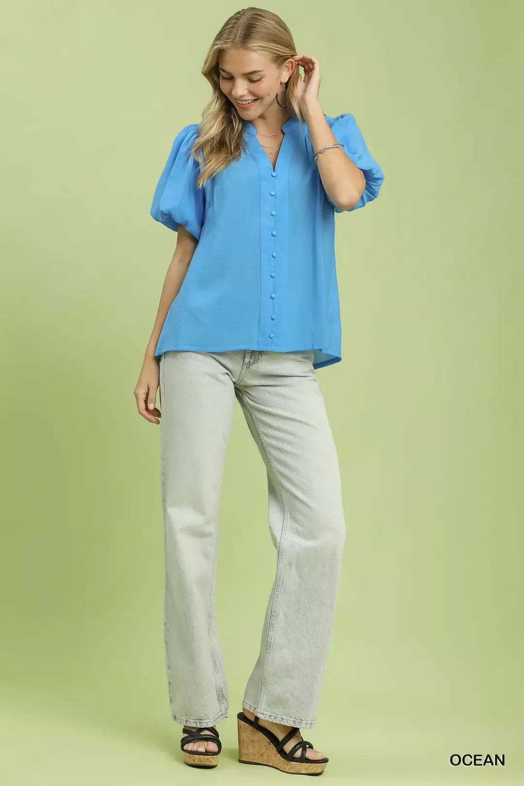 Umgee Button-Down Puff Sleeve Shirt