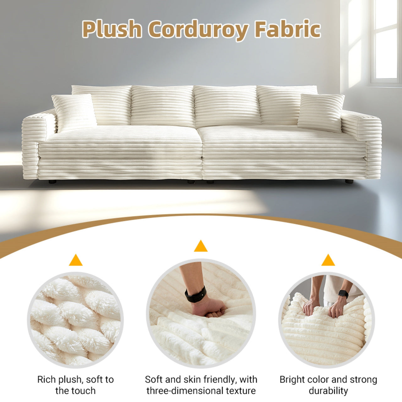 102.4 'Plush Corduroy 4-Seat Sofa,Modern Comfy Upholstered Sofa Cloud Couch,Deep Seat Couches with Soft Pillows and Movable Ottoman,Convertible Sofa Lounge Chair,for Living Room,Apartment,Office,Beige