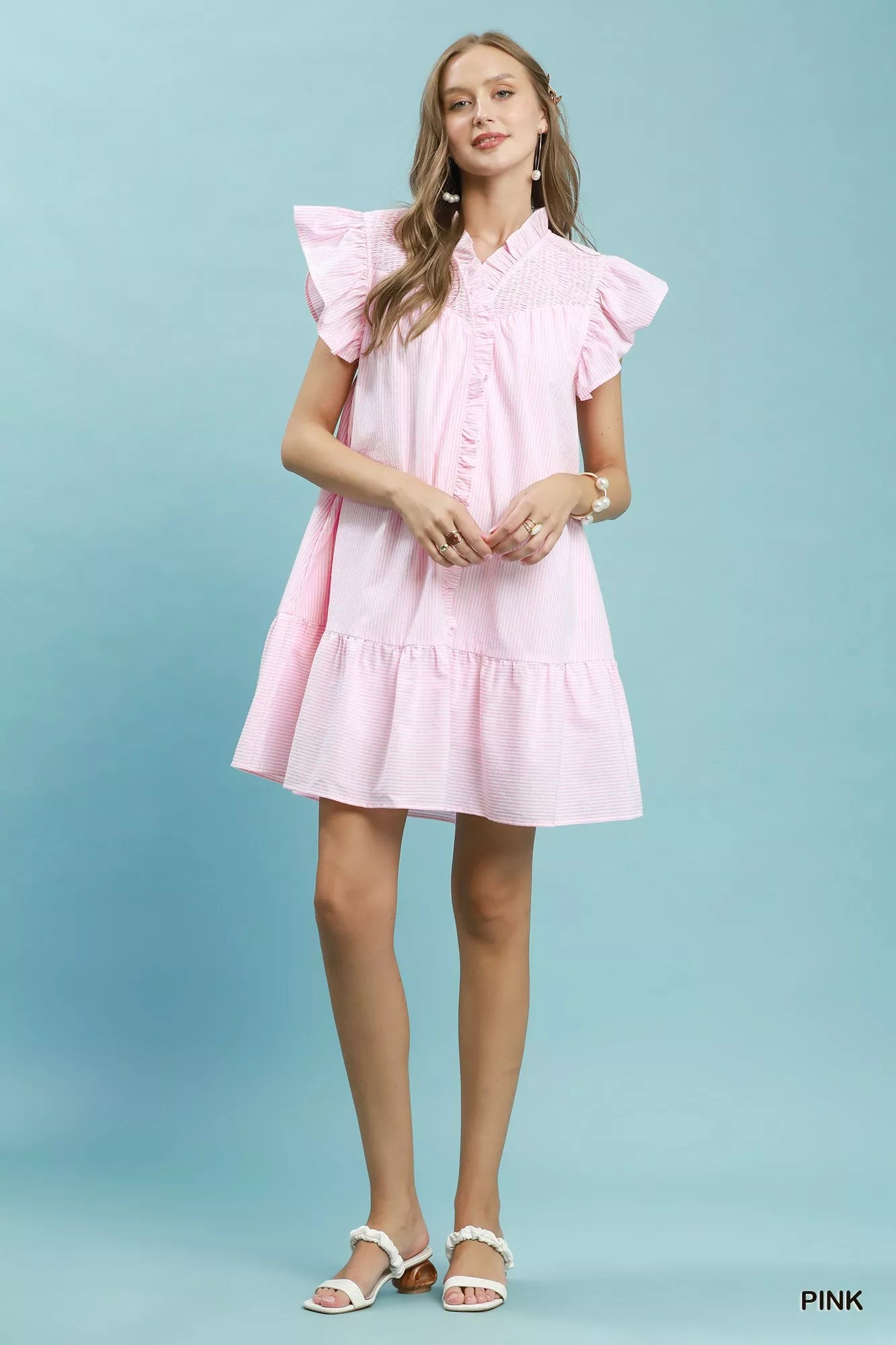 Umgee Stripe Smocked Yoke Ruffle Dress