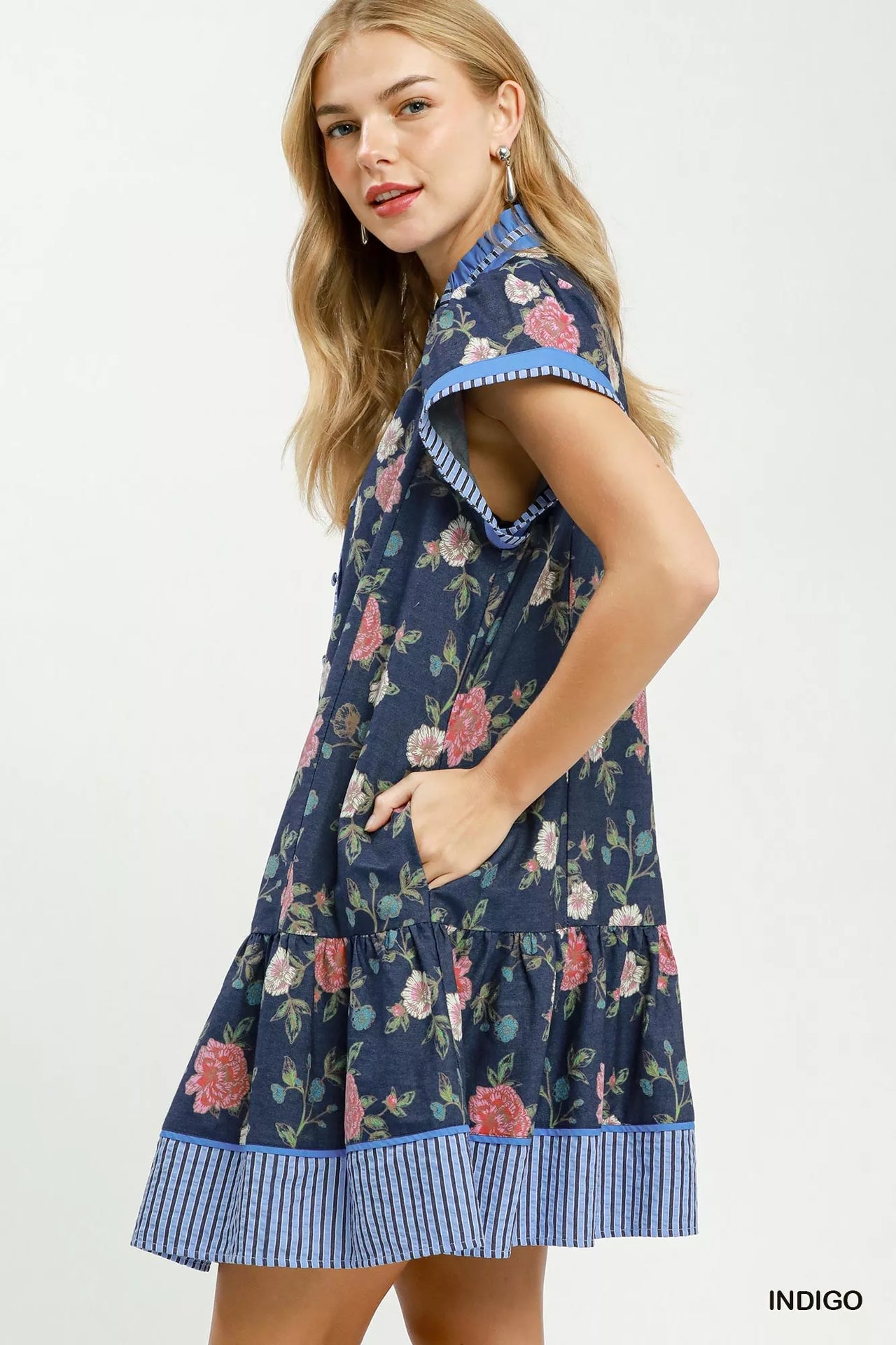 Umgee Floral Contrast Trim Ruffle Hem Mini Dress
