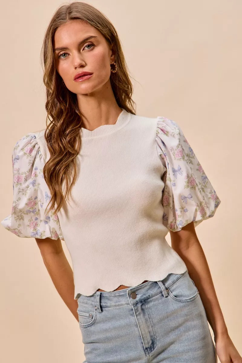 SO ME Floral Cotton Contrast Sleeves Scallop Sweater Top