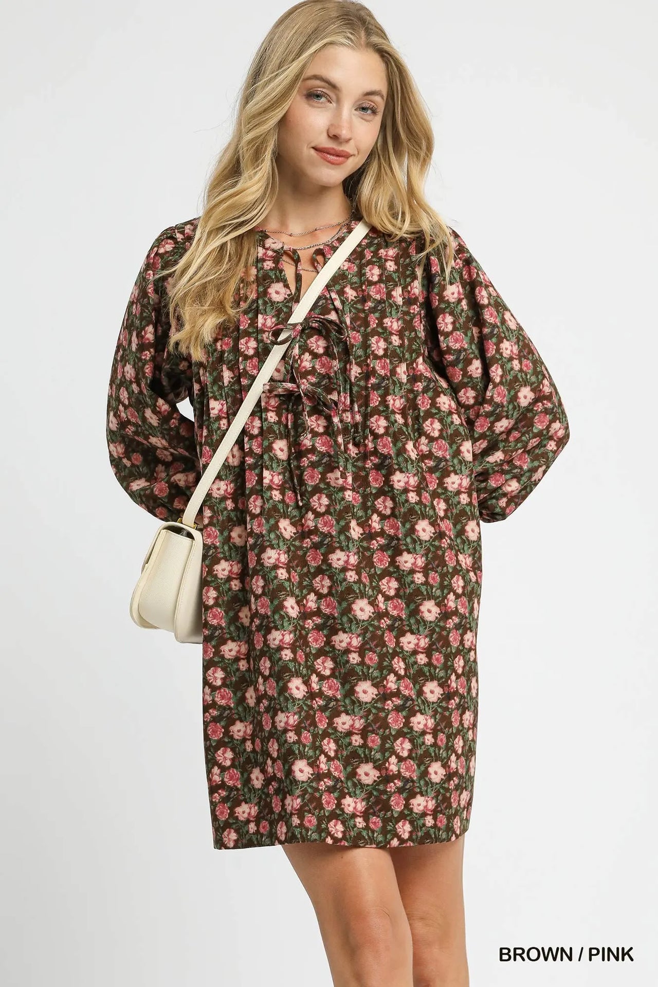 Umgee Floral Tie-Neck Babydoll Dress