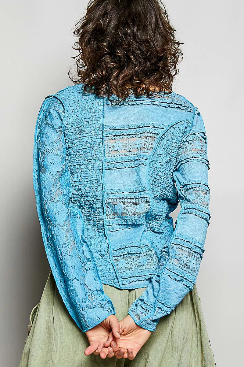 POL Round Neck Long Sleeve Exposed Seam Top with Lace Detail