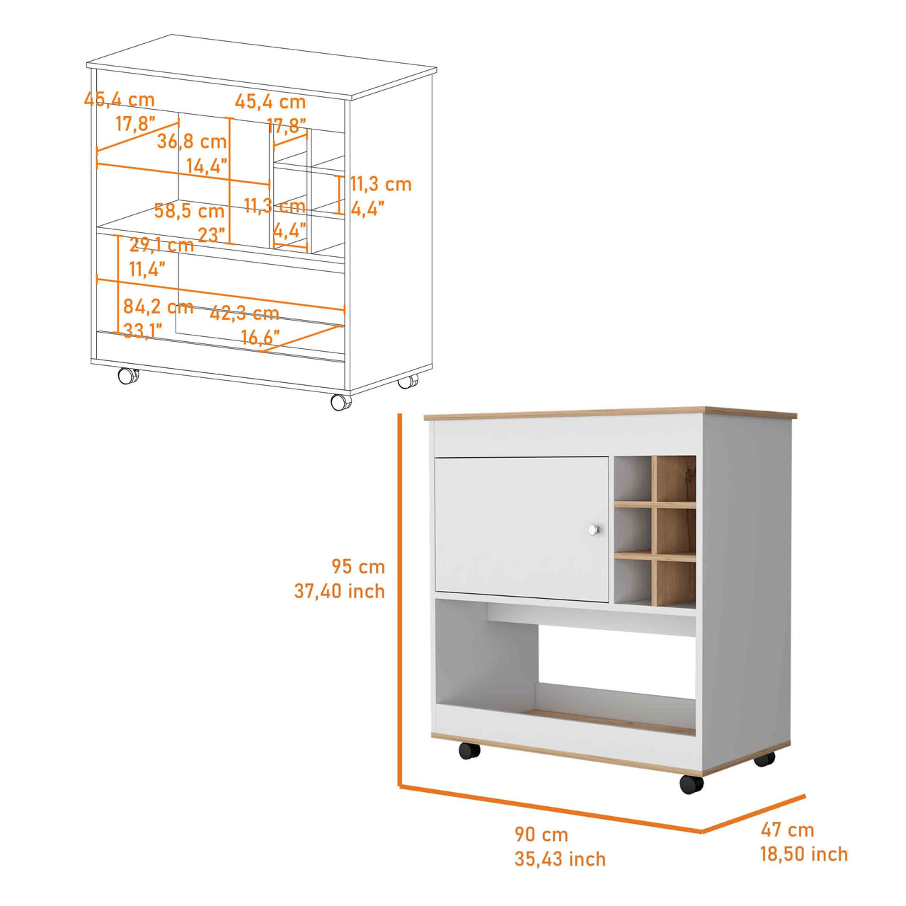 Texas Bar Cart, One Cabinet, Six Bottle Cubbies, One Lower Panel, Four Casters