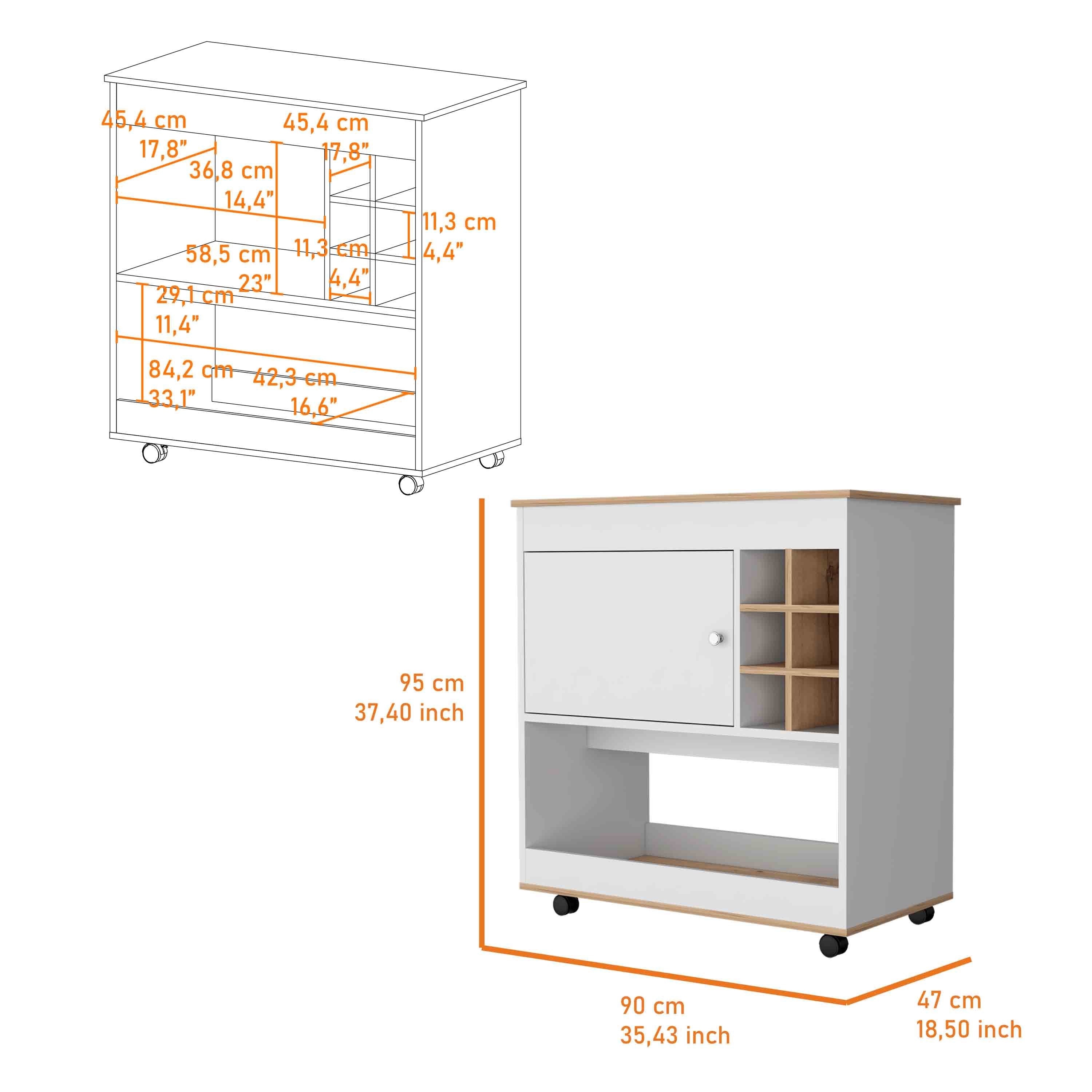 Texas Bar Cart, One Cabinet, Six Bottle Cubbies, One Lower Panel, Four Casters