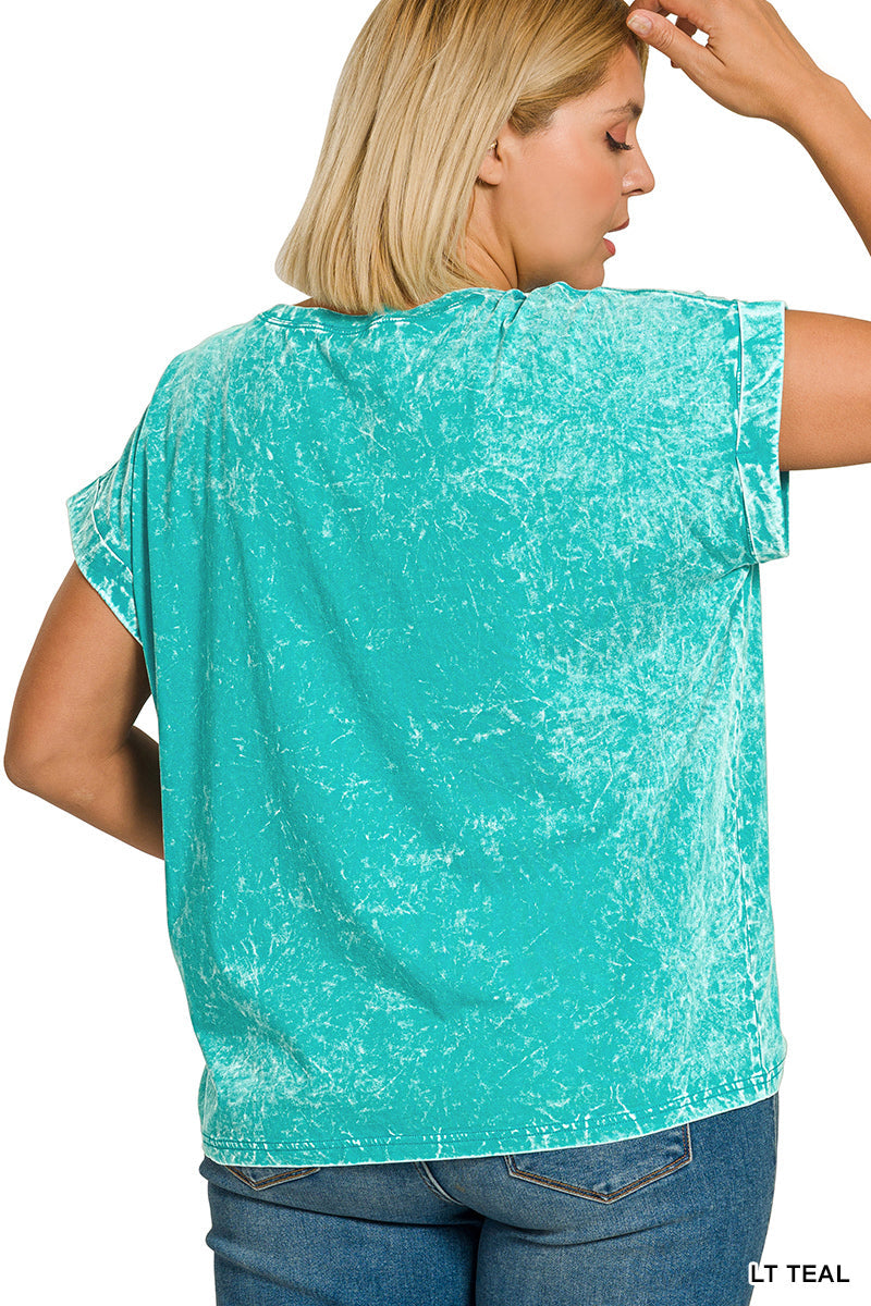 Zenana Full Size Crinkle Washed Round Neck Folded Short Sleeve Tee Plus Size