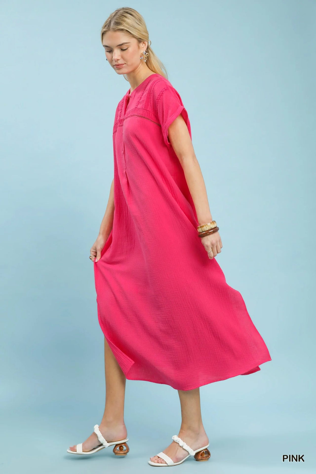 Umgee Button-Front Gauze Midi Dress with Lace Detail