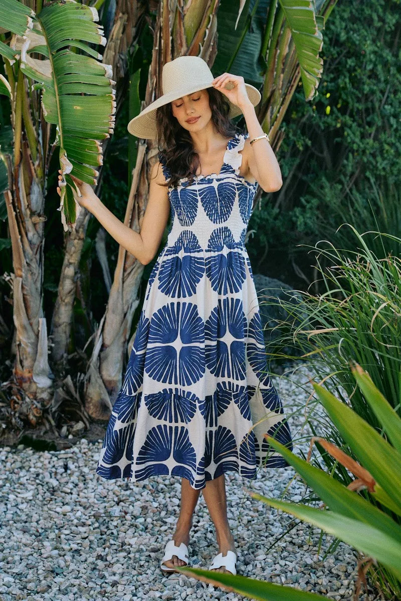 SO ME Abstract Print Smocked Bodice Tiered Lined Midi Dress
