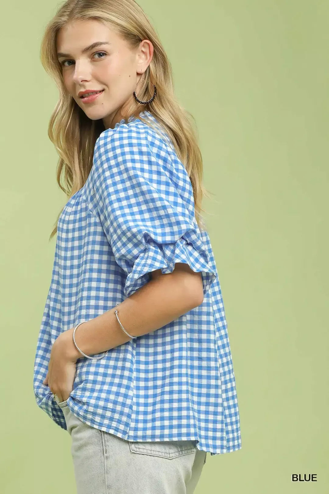 Umgee Gingham Check Blouse with Ruffle Sleeves