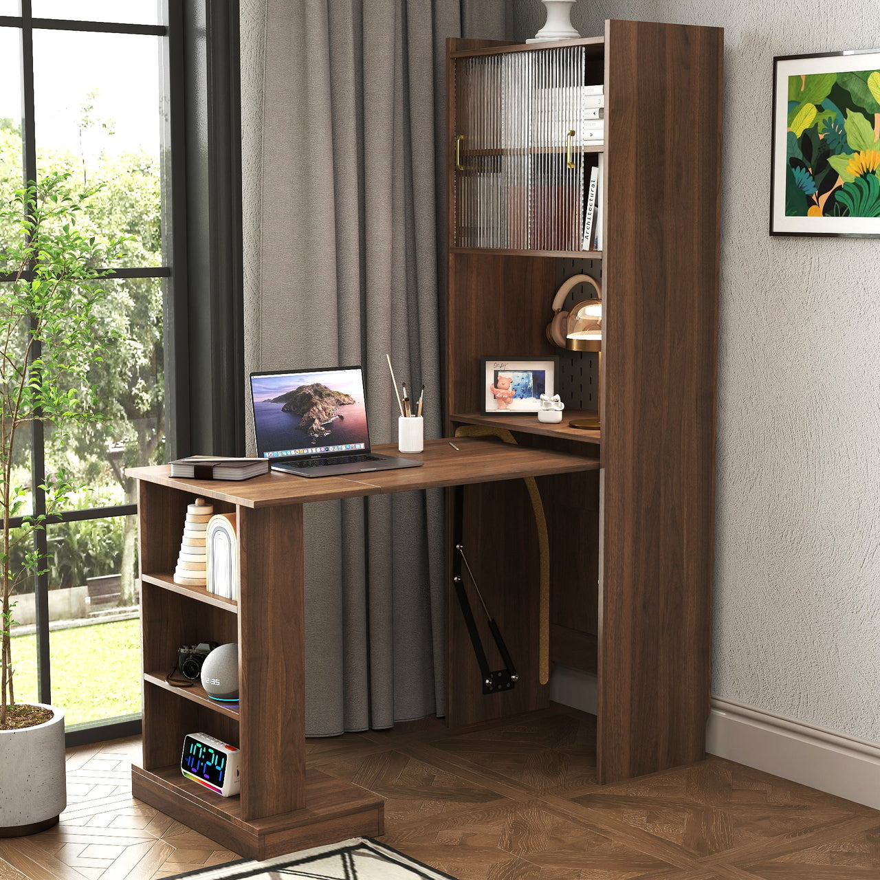 Folding Desk with Storage, Space-Saving Foldable Computer Desk for Small Spaces, Writing Study Table for Home Office, Bedroom, Dorm, Apartment