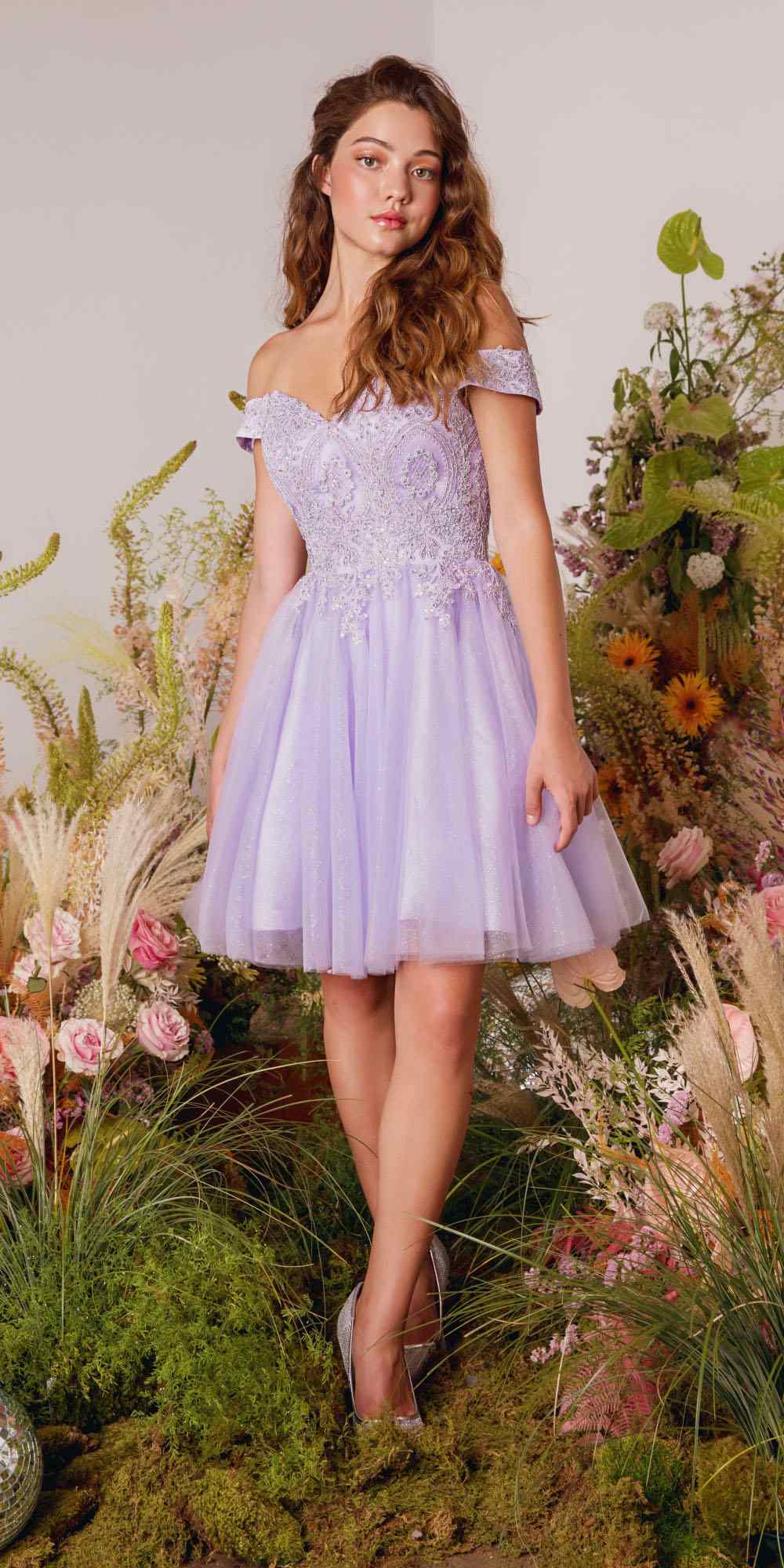 CLEARANCE - Eureka 9833 Short A-Line Off Shoulder Glitter Mesh Dress (Size M)