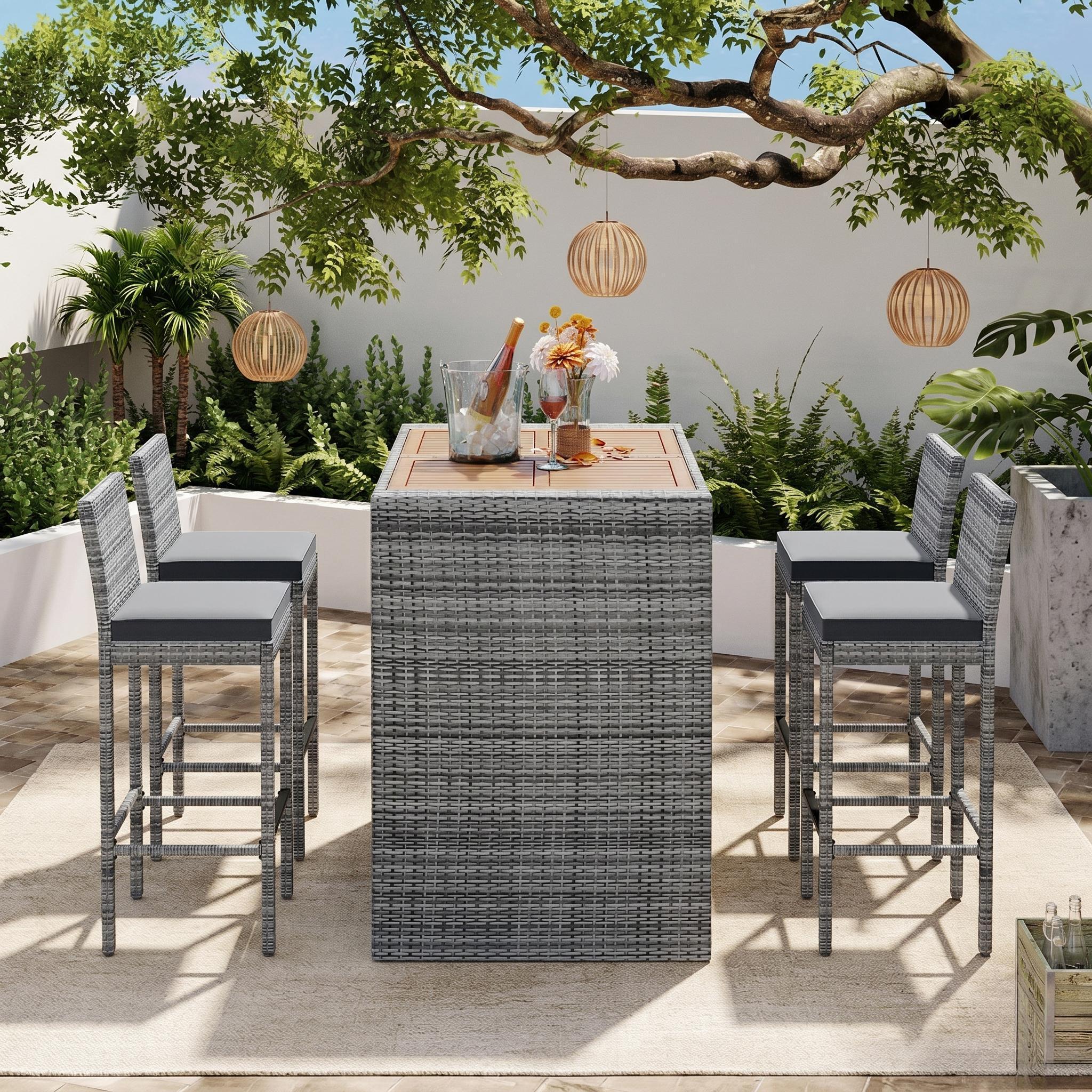 5-piece Outdoor Patio Wicker Bar Set, Bar Height Chairs With Non-Slip Feet And Fixed Rope, Removable Cushion, Acacia Wood Table Top, Brown Wood And Gray Wicker