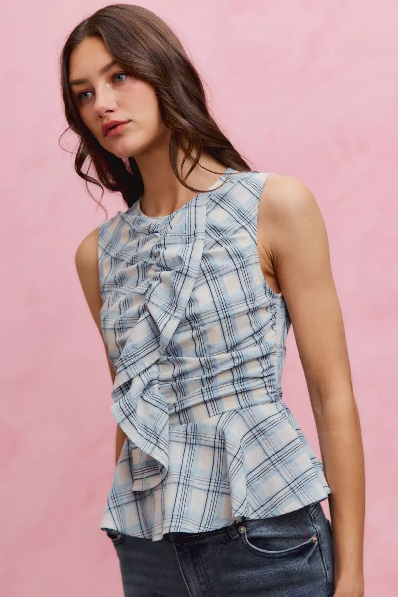 SO ME Plaid Sleeveless Ruffle Peplum Top