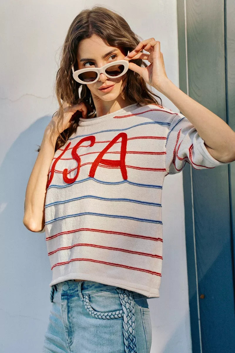 SO ME Usa Stripe Knit Short Sleeves Sweater Top