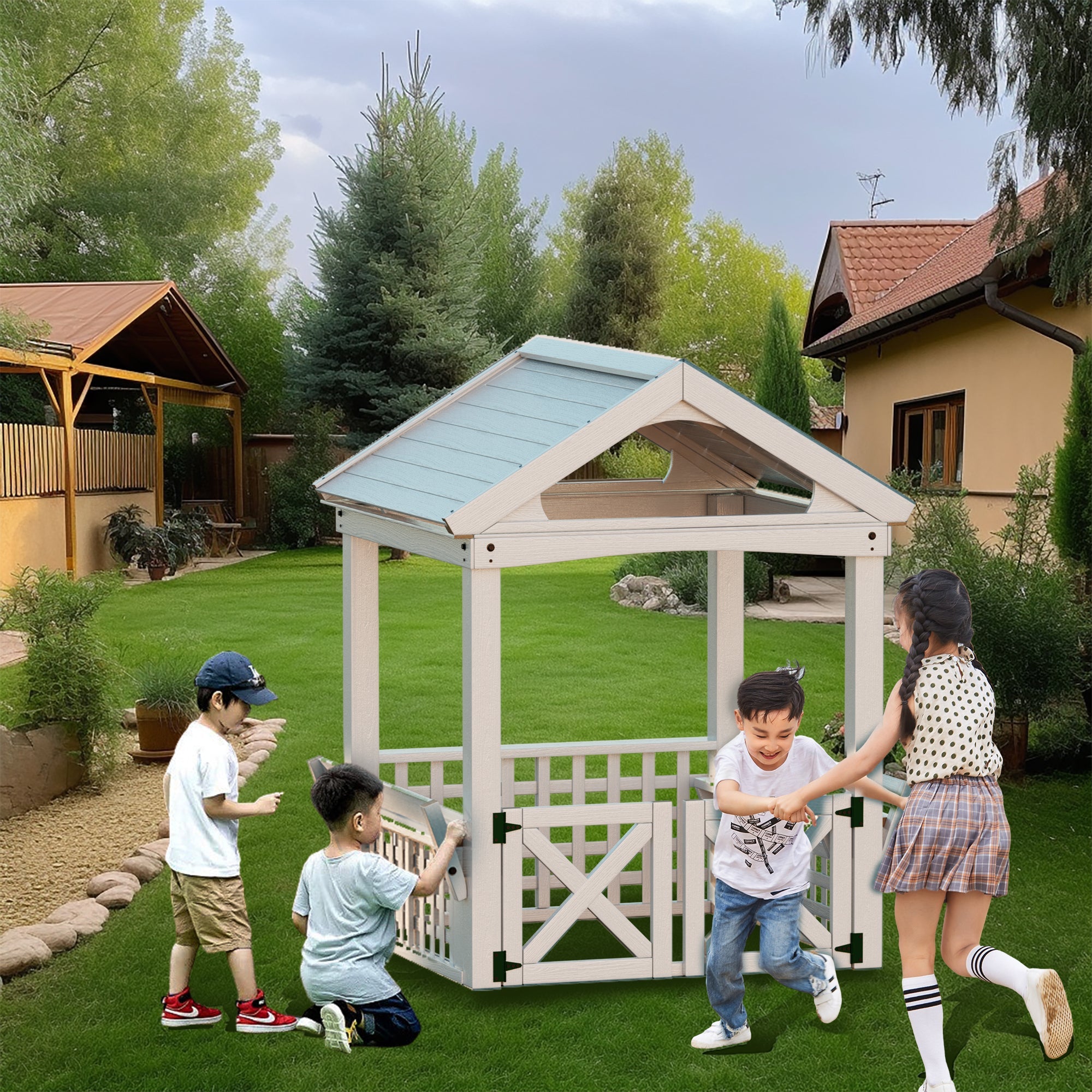 Outdoor Wooden Playhouse with bench and door