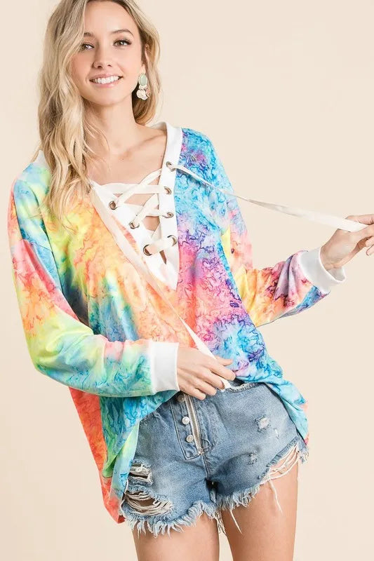 BiBi Tie Dye Deep V-neck Top With Lace Up Front