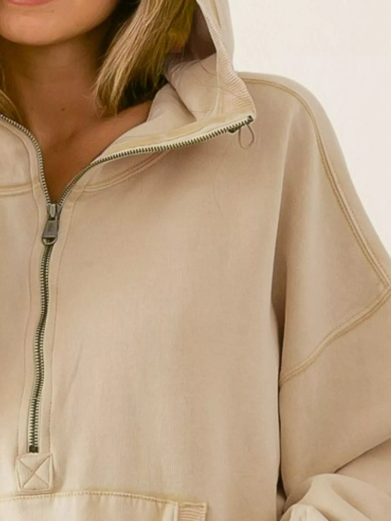 BiBi Stitch Detailed Elastic Hem Half Zip Fleece Hoodie