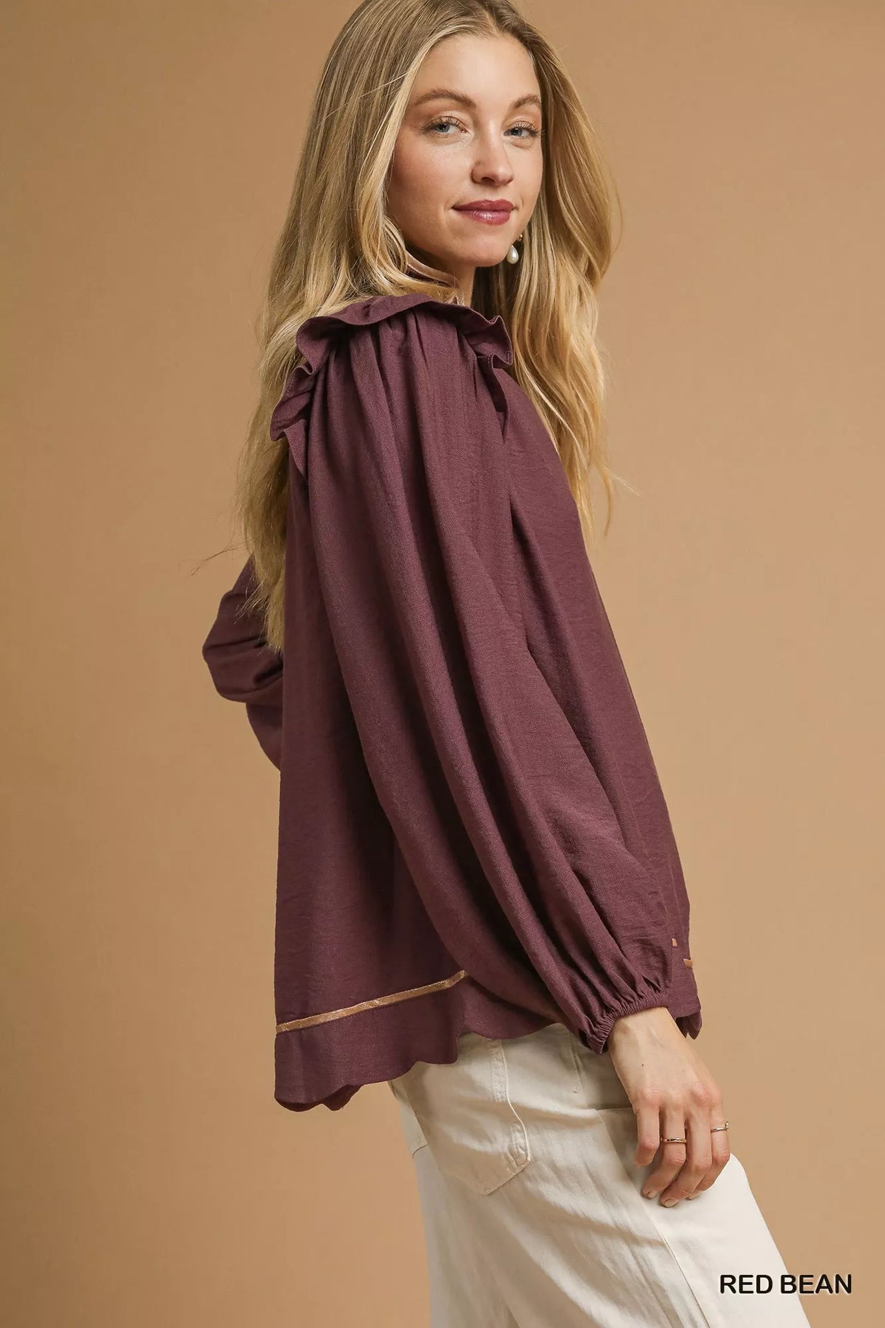 Umgee Ruffle Shoulder Long Sleeve Blouse