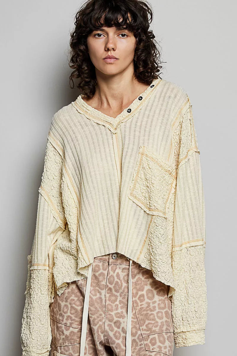 POL V-Neck Long Sleeve Top with Stitch Detail