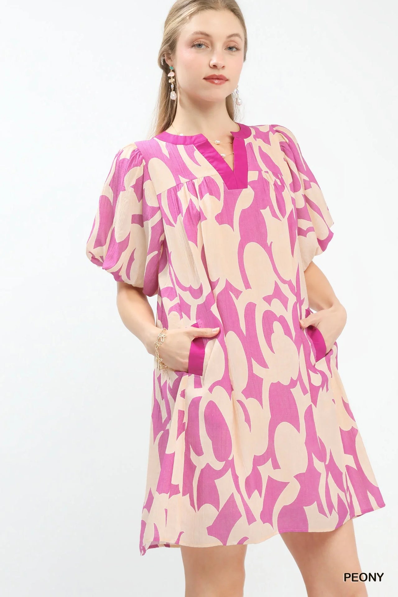 Umgee Abstract Print Puff Sleeve Shift Dress