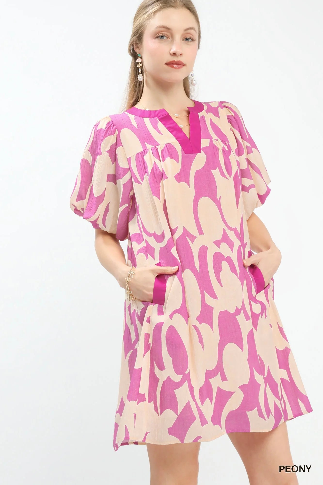 Umgee Abstract Print Puff Sleeve Shift Dress