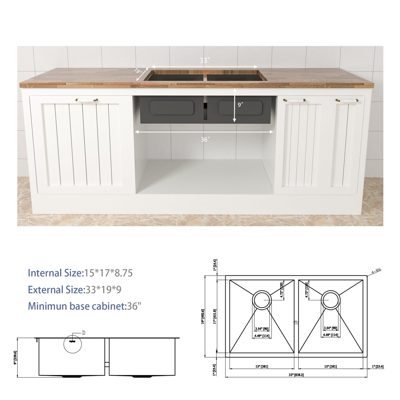 Brushed Nickel Undermount Double Bowl Kitchen Sink 33 x 19 in 16 Gauge Stainless Steel with 9 Inch Deep Basin