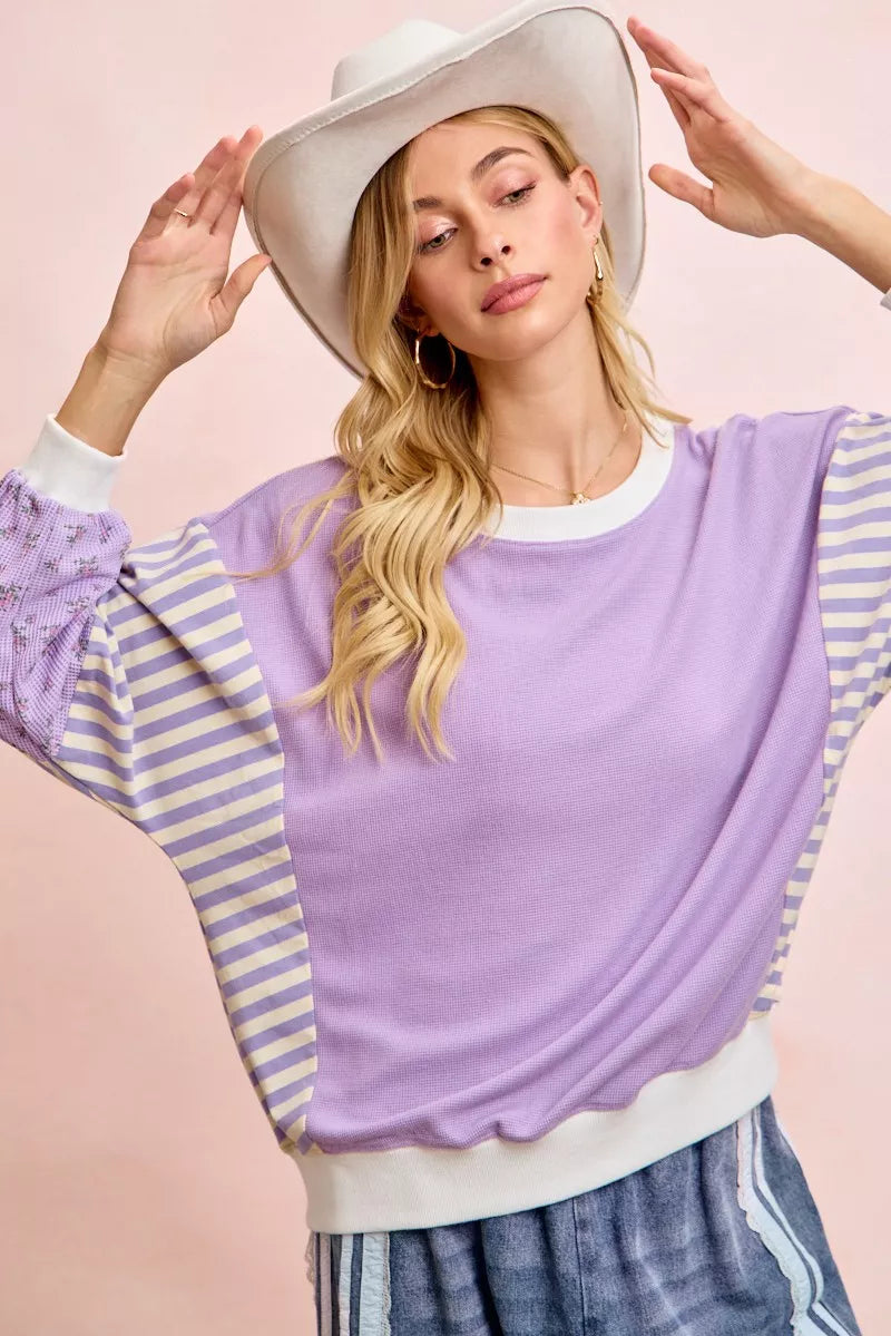 BiBi Mix and Match Sweatshirt with Floral Sleeve Striped