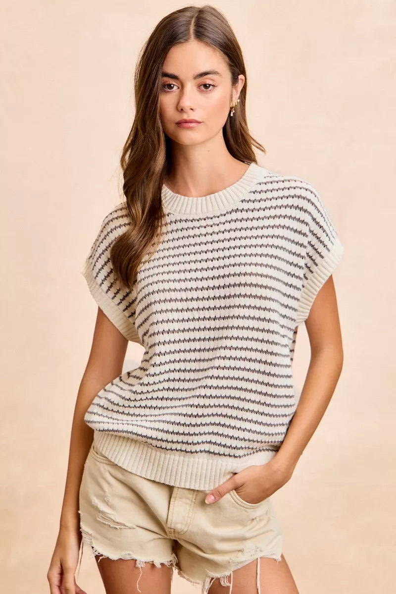 BiBi Pointelle Stripes Sleeveless Drop Shoulder Lightweight Sweater Top