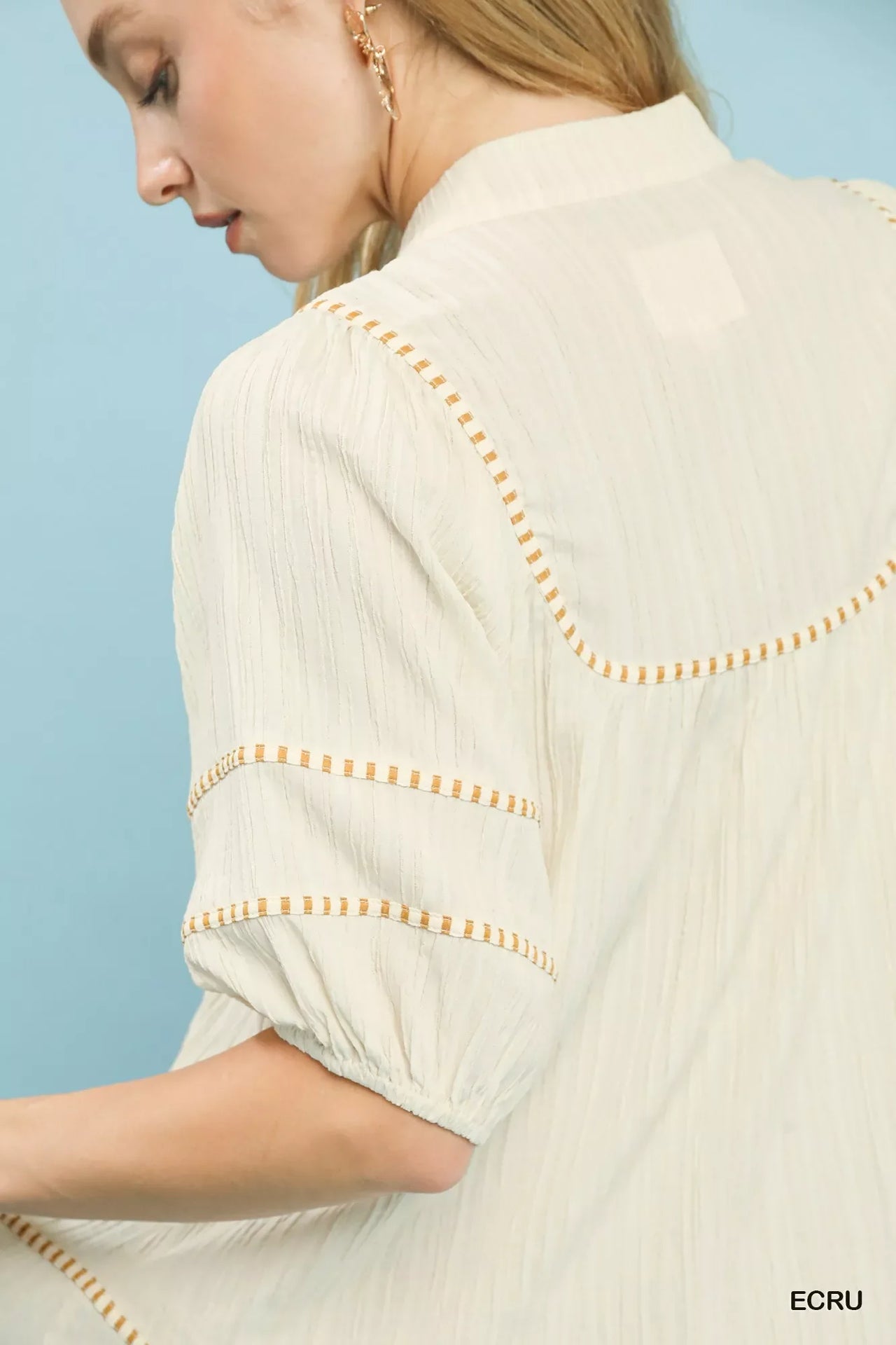 Umgee Textured Short Sleeve Top with Contrast Trim