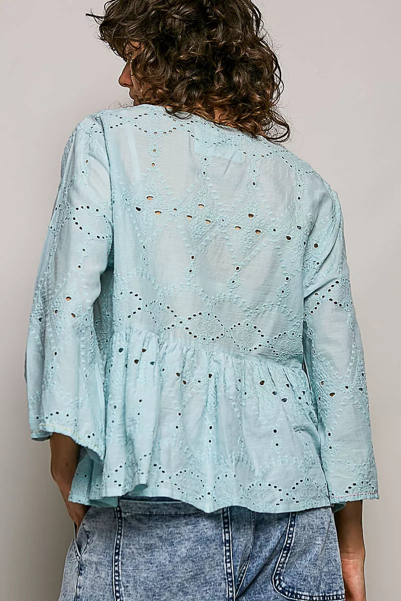 POL Eyelet Embroidery Peplum Button Front Cotton Shirt