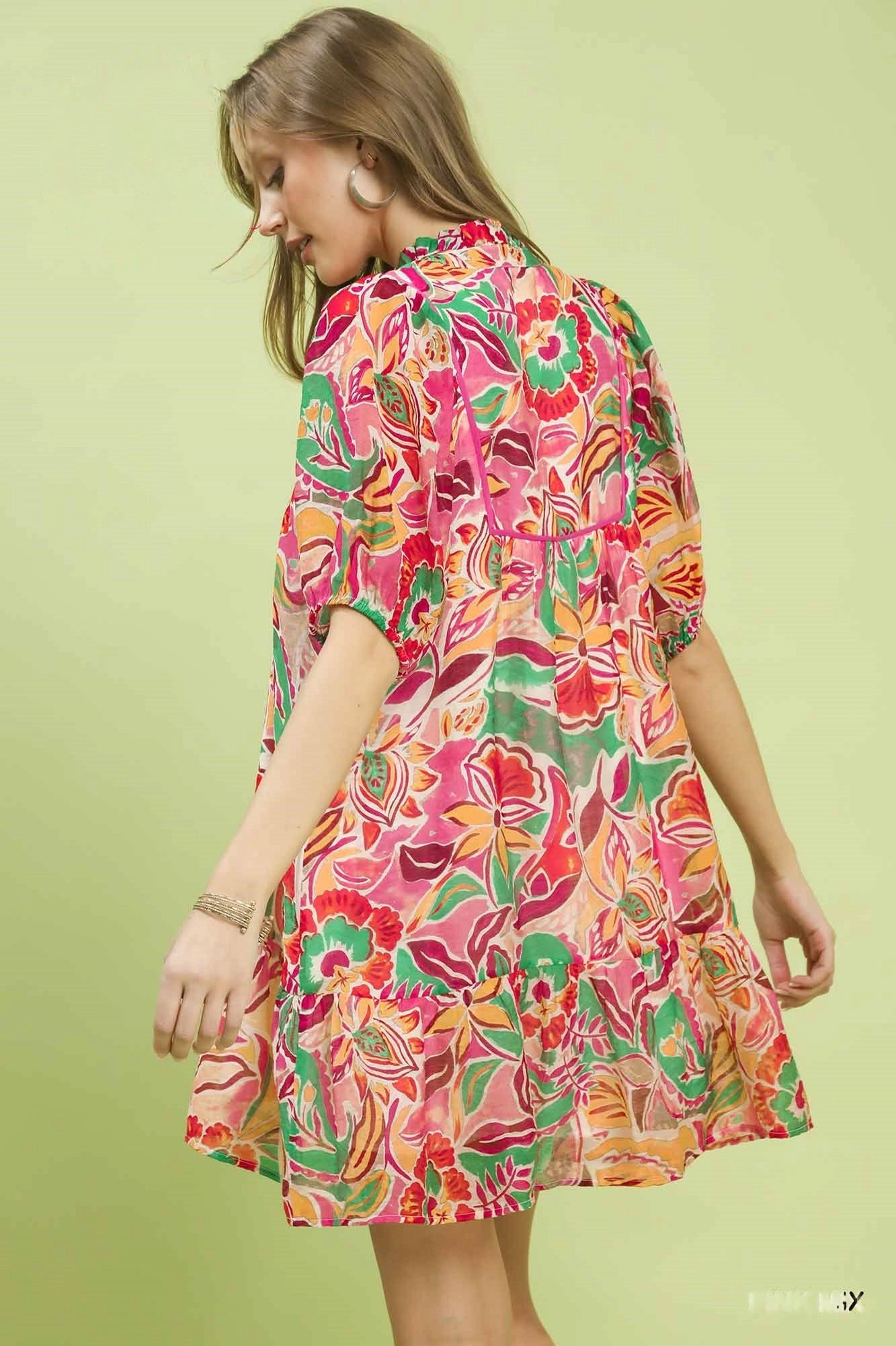 Umgee Abstract Print V-Neck Baby Doll Dress