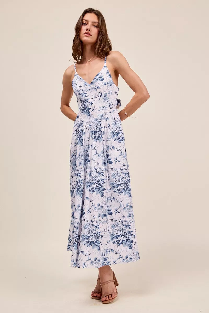 SO ME Floral Woven V Neck Dress With Back Ribbon Tie