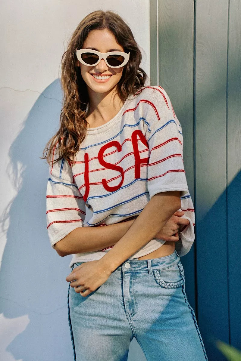 SO ME Usa Stripe Knit Short Sleeves Sweater Top