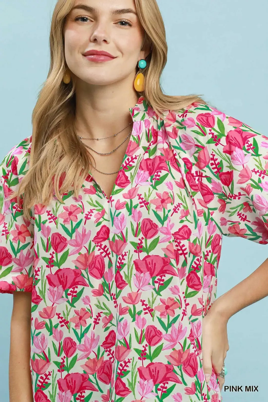 Umgee Floral Puff Sleeve Blouse with Scalloped Details