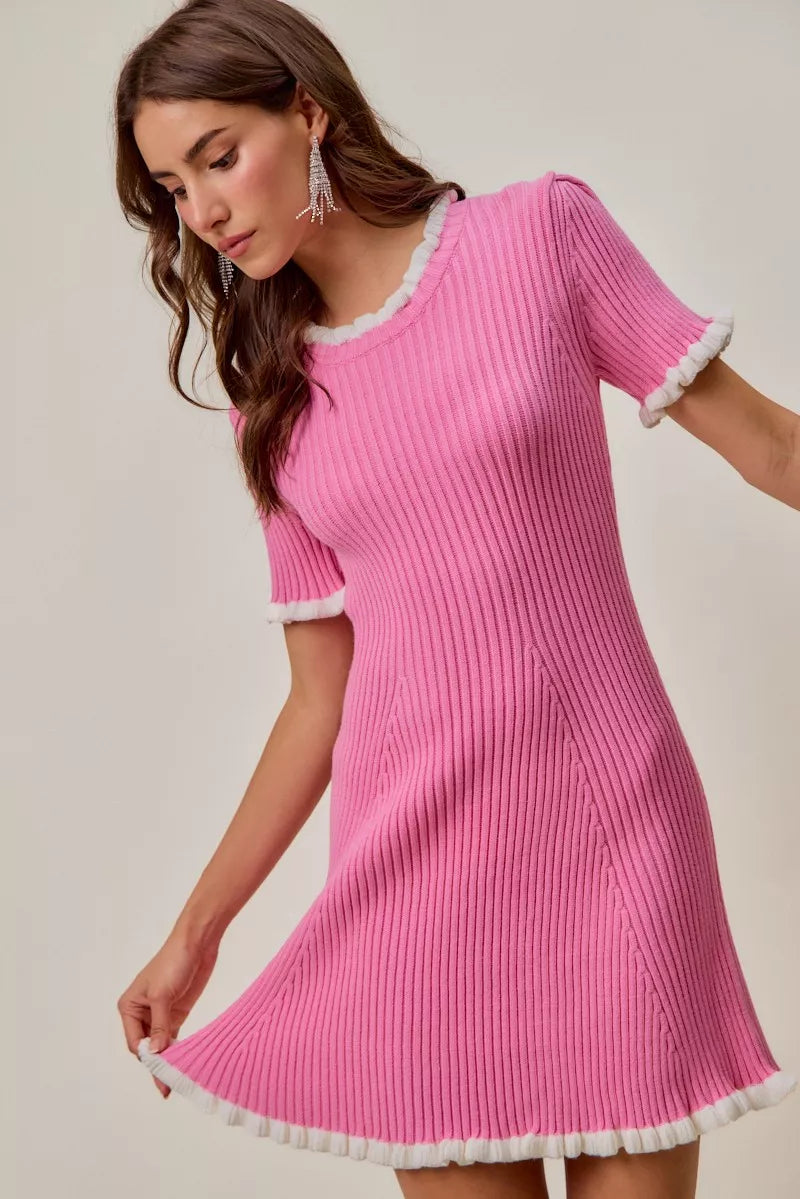 SO ME Contrast Ruffled Sweater Knit Mini Dress